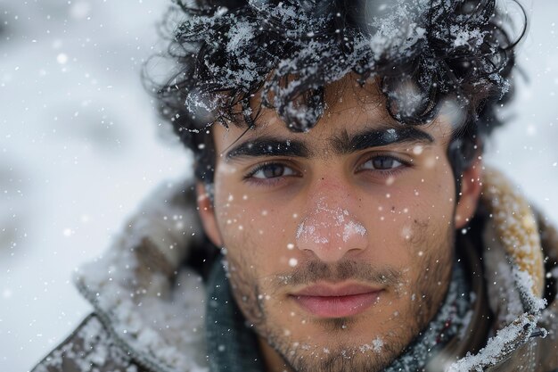 Foto un hombre con barba y copos de nieve en la frente