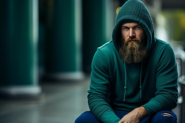 Hombre con barba elegante abrazando la caída con un gorro azul y una sudadera con capucha verde