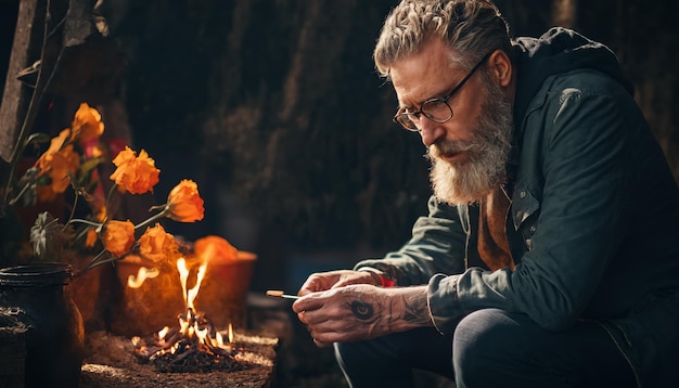 Hombre con barba encendiendo un fuego