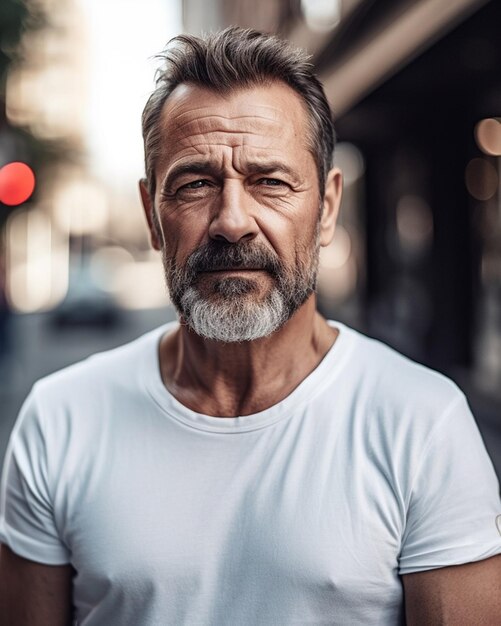 Un hombre con barba se encuentra en una calle con una camiseta blanca.