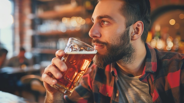 Un hombre con barba está bebiendo una copa de cerveza en un bar, lleva una camisa a cuadros y mira lejos de la cámara.