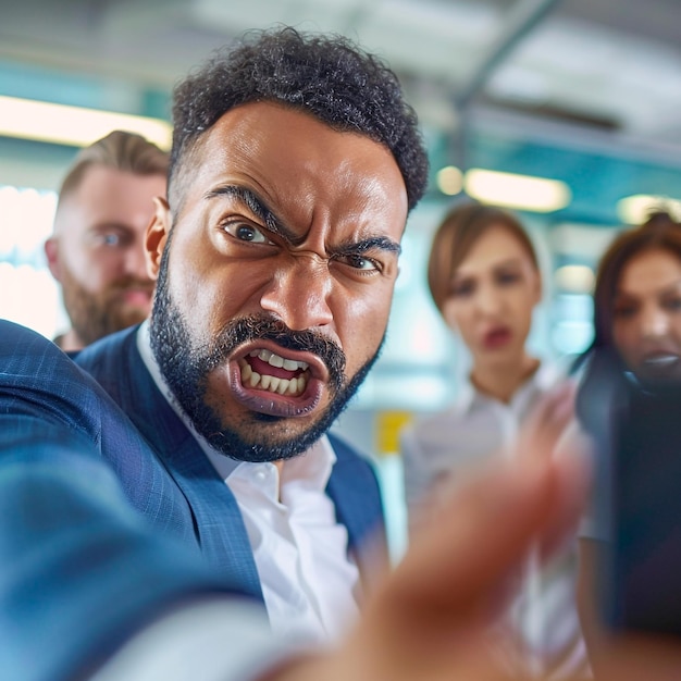 un hombre con barba está haciendo una cara con la boca abierta