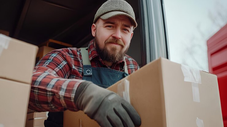 un hombre con barba está llevando una caja en la mano