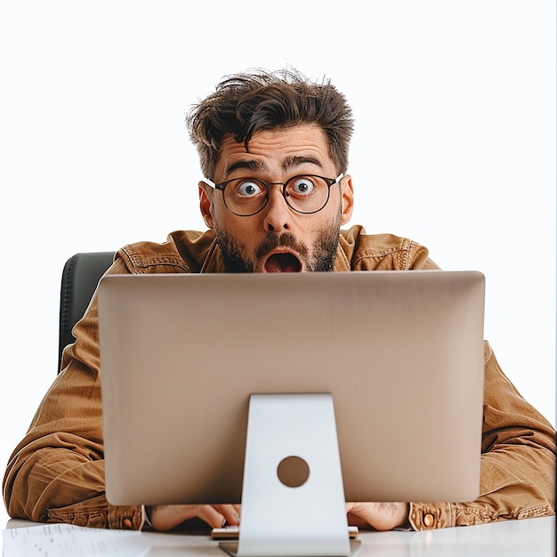 un hombre con barba está mirando una computadora portátil con un gran agujero en la espalda