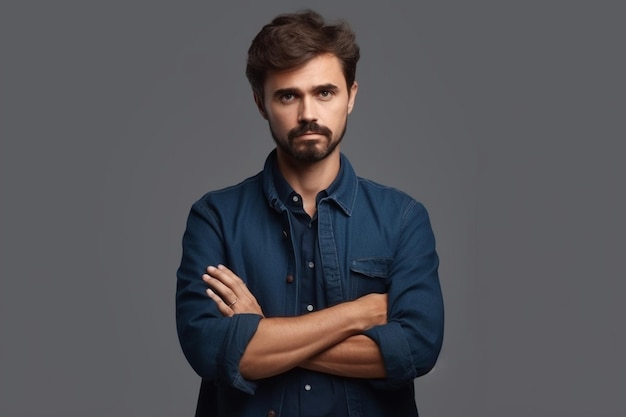 Un hombre con barba está de pie con los brazos cruzados frente a un fondo gris.