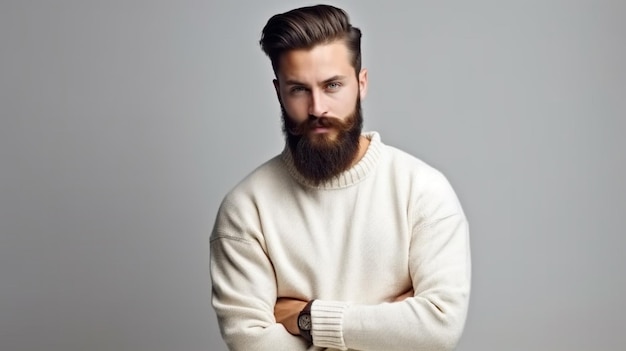 Un hombre con barba está de pie con los brazos cruzados.