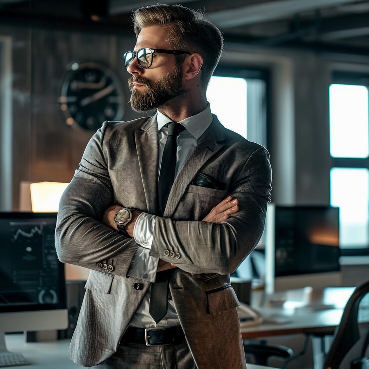 un hombre con barba está de pie frente a un monitor de computadora