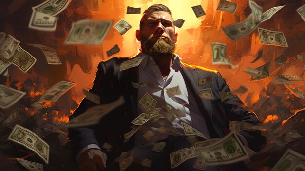 un hombre con barba está rodeado de dinero