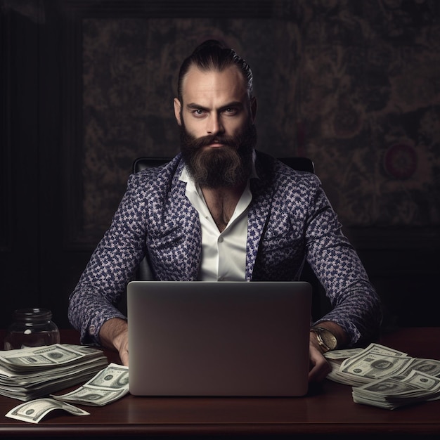 Un hombre con barba está sentado en una computadora portátil con muchos billetes sobre la mesa.