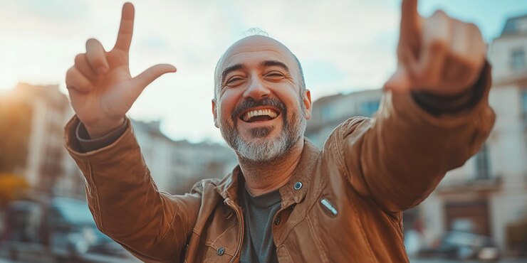 un hombre con barba está sonriendo y agitando la mano