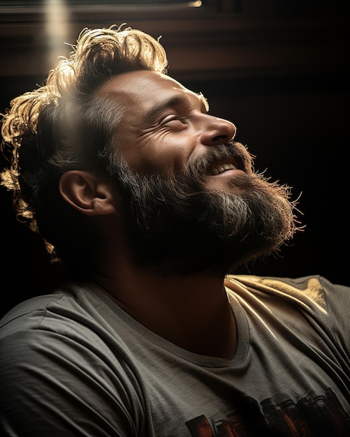 un hombre con barba está sonriendo a la luz del sol