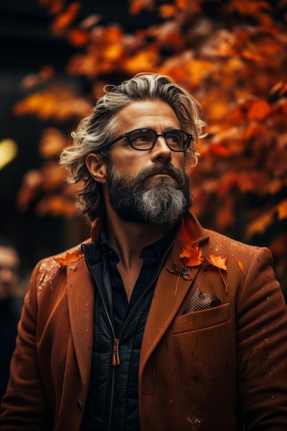 Hombre con barba con estado de ánimo de otoño