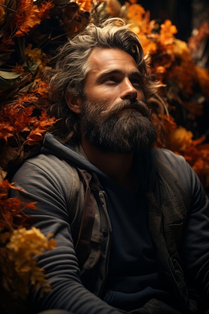 Hombre con barba con estado de ánimo de otoño