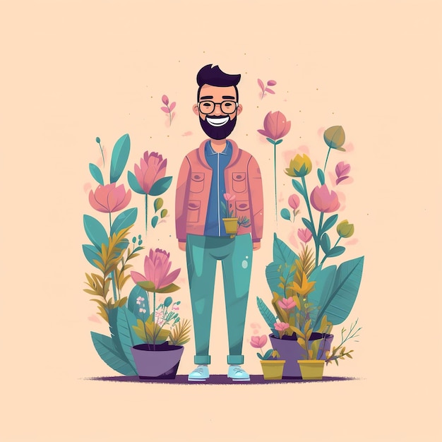 Un hombre con barba se para frente a un jardín de flores.