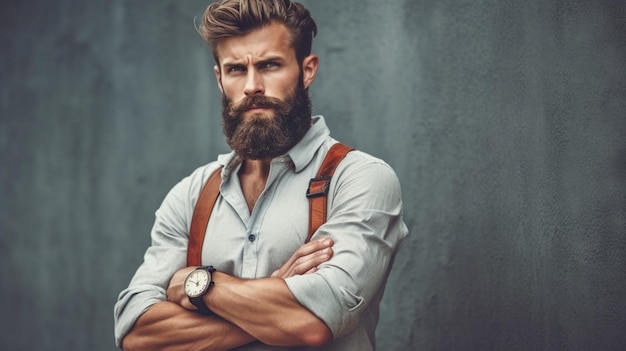 Un hombre con barba se para frente a una pared gris.