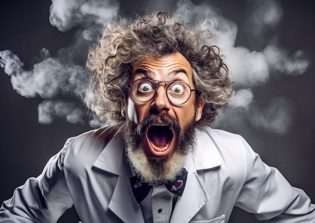 un hombre con barba, gafas y bata blanca de laboratorio con expresión de sorpresa.