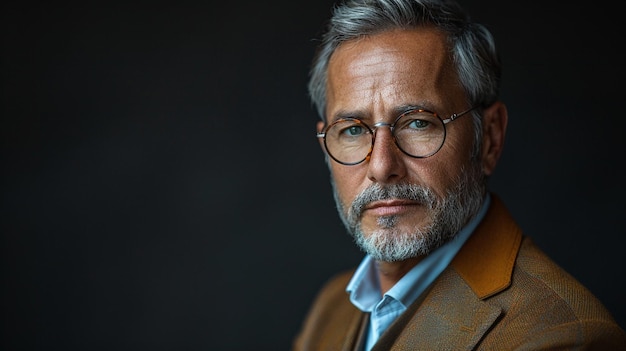 un hombre con barba y gafas con una chaqueta marrón