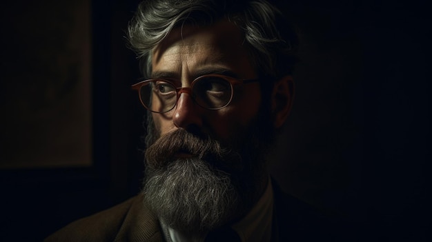 Un hombre con barba y gafas se encuentra en la oscuridad