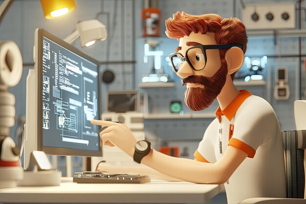 Un hombre con barba y gafas está mirando una pantalla de computadora
