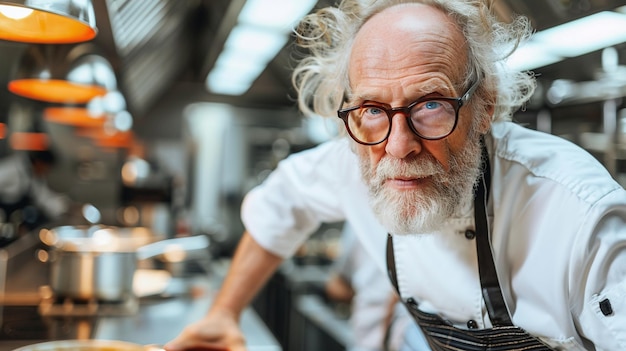 Un hombre con barba y gafas está de pie en una cocina