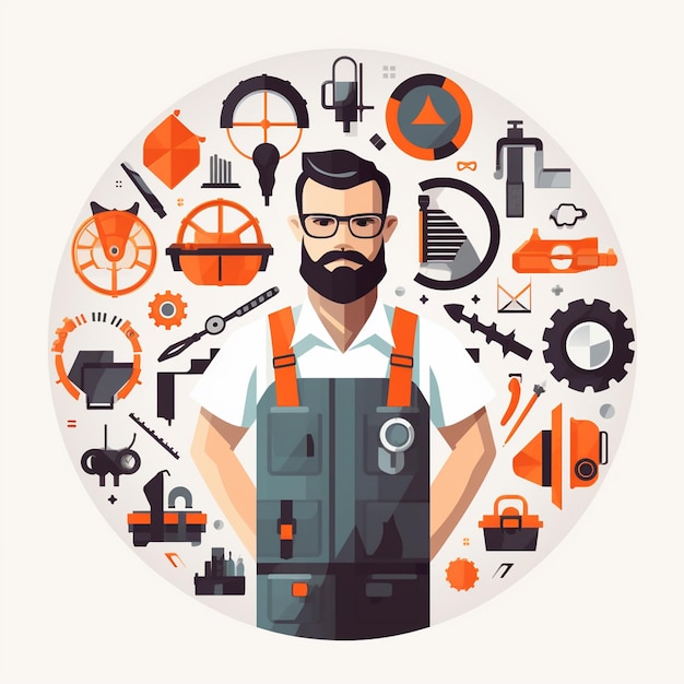 un hombre con barba y gafas está de pie frente a un círculo con muchas herramientas diferentes