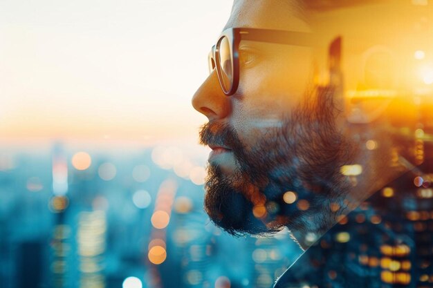 un hombre con barba y gafas mirando hacia una ciudad