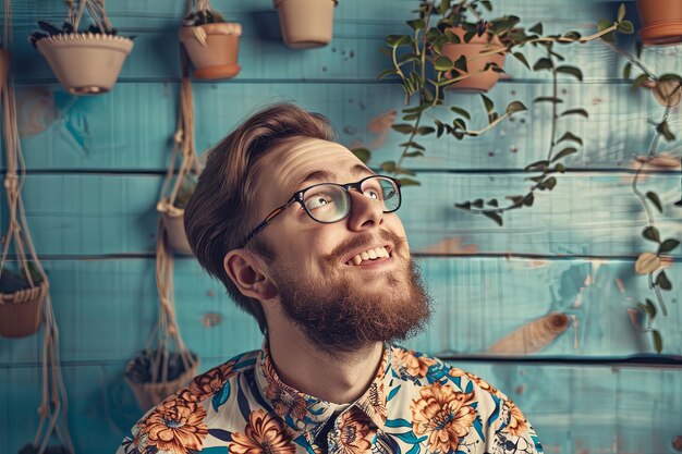 Hombre con barba y gafas de pie frente a la pared azul