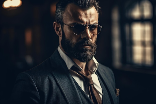 Un hombre con barba y gafas de sol se encuentra en una habitación oscura.