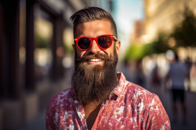 Un hombre con barba y gafas de sol sonríe para el