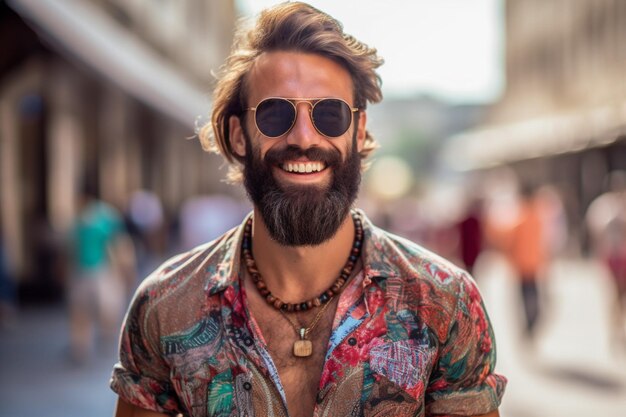 Un hombre con barba y gafas de sol sonríe para el