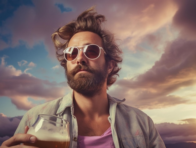 un hombre con barba y gafas de sol sosteniendo un vaso de cerveza.