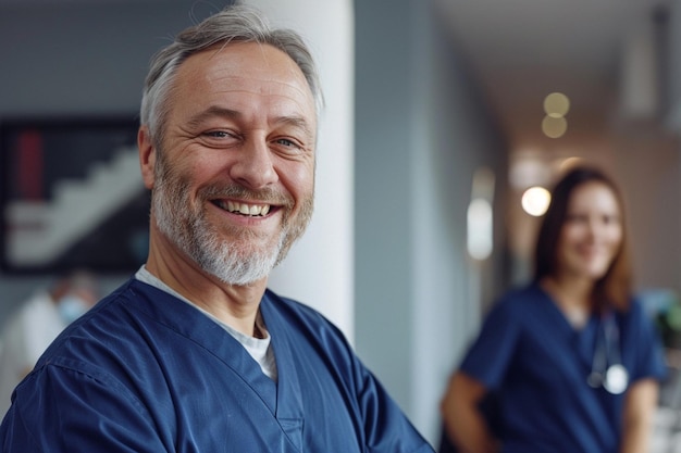 Foto un hombre con barba y gafas está sonriendo con las palabras médico en el frente