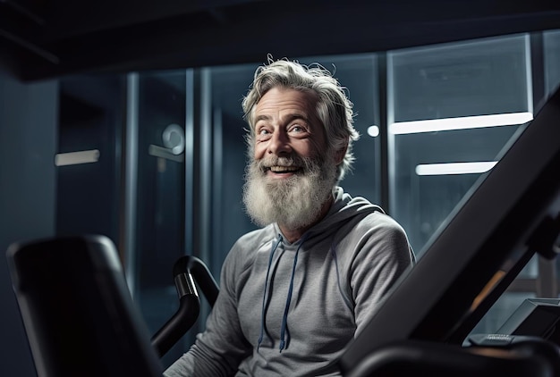 un hombre de barba gris con una barba sentado en una cinta de correr en el estilo de alegre y optimista