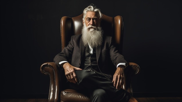 Un hombre con barba gris se sienta en una silla.