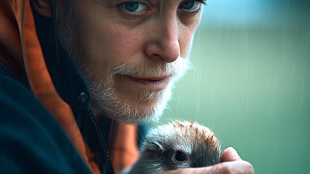 Un hombre con barba gris sostiene un pájaro en la mano.