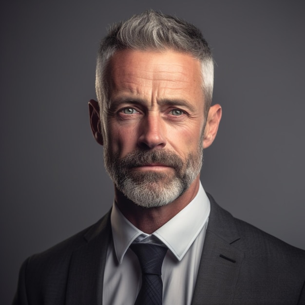 Un hombre con barba gris y traje negro y camisa blanca.