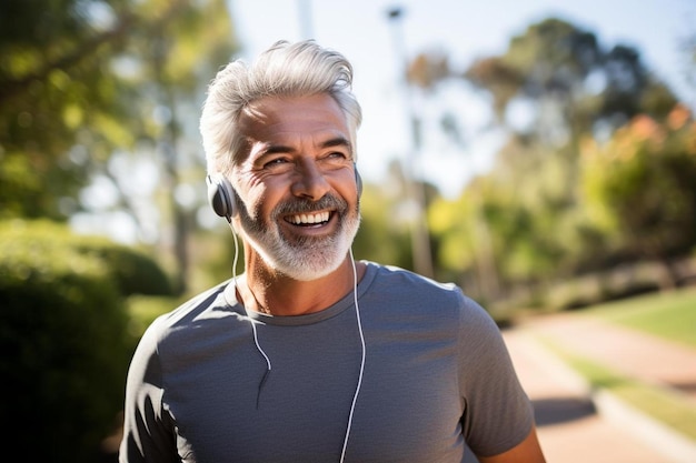 Foto un hombre con una barba gris usando auriculares y sonriendo
