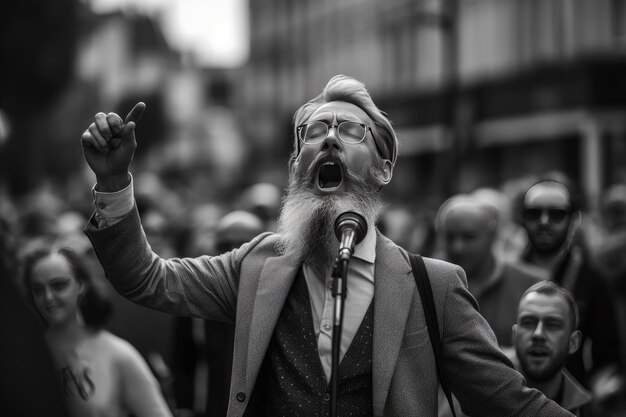 Foto un hombre con barba habla por un micrófono.