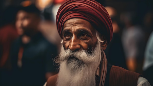 Foto un hombre con una barba larga y un sombrero rojo camina por una calle.
