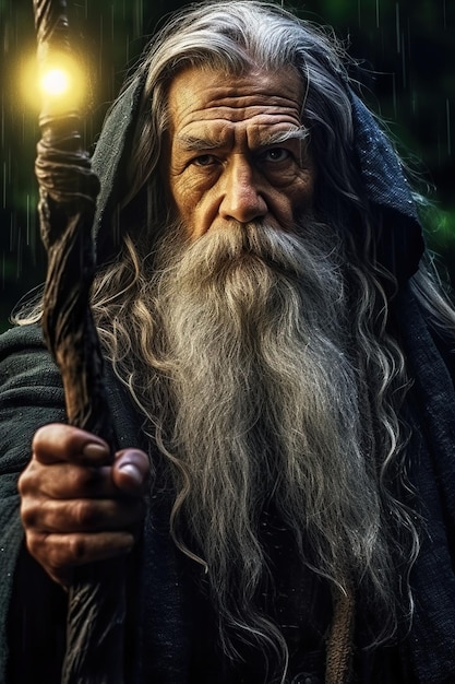 Foto un hombre con una barba larga sosteniendo un bastón arte generativo de ia