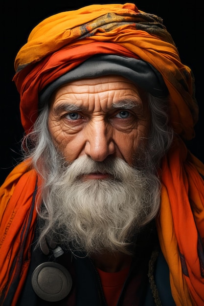 Foto hombre con barba larga y turbante rojo ia generativa