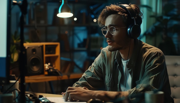 Foto un hombre con barba lleva auriculares y mira un micrófono