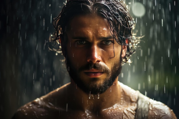 Un hombre con barba bajo la lluvia torrencial