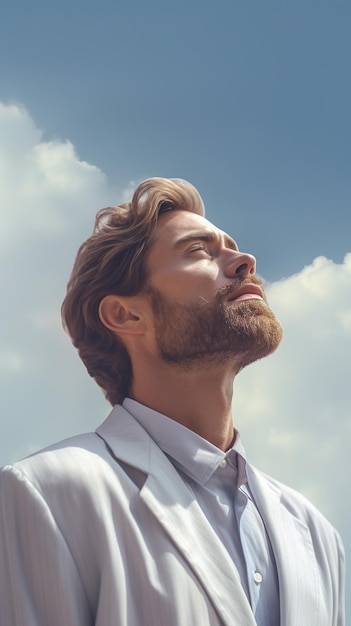 Un hombre con barba mira hacia el cielo.