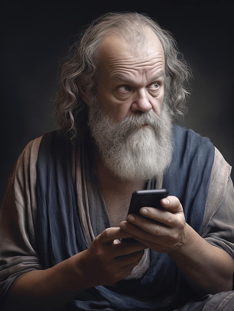 Un hombre con barba mira un teléfono.