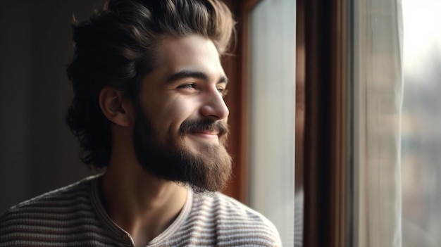 Un hombre con barba mira por la ventana.