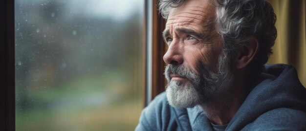 un hombre con barba mirando por una ventana