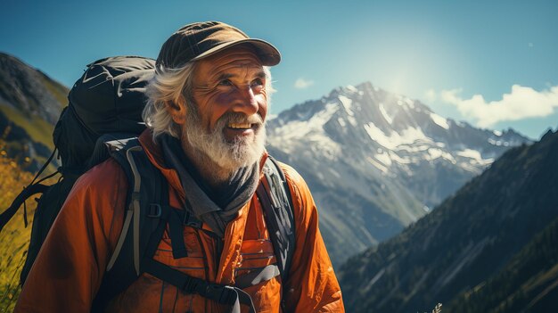 un hombre con barba y una mochila está parado en una montaña con una montaña al fondo