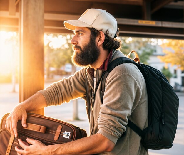 un hombre con barba y una mochila