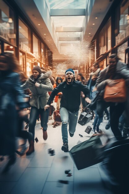 un hombre con barba y una multitud corriendo en un almacén